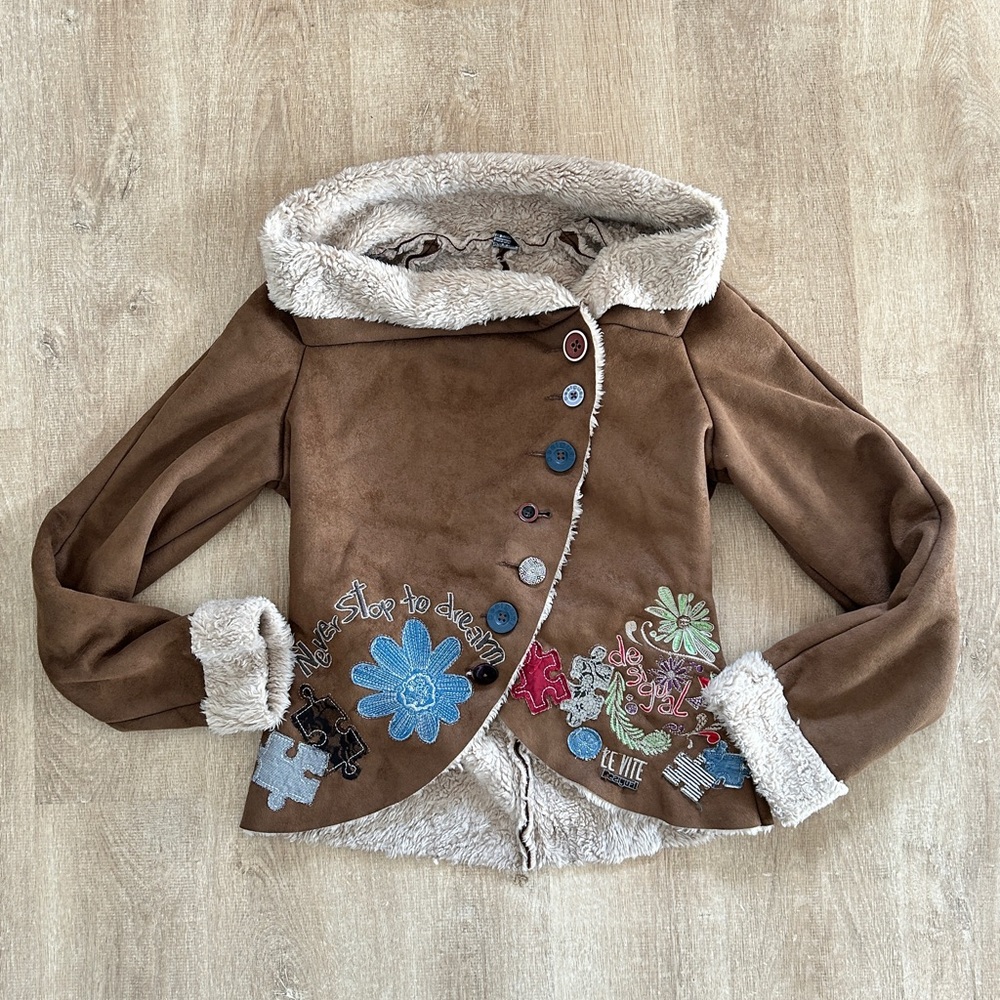 Desigual asymmetrical suede style jacket with fleece lining